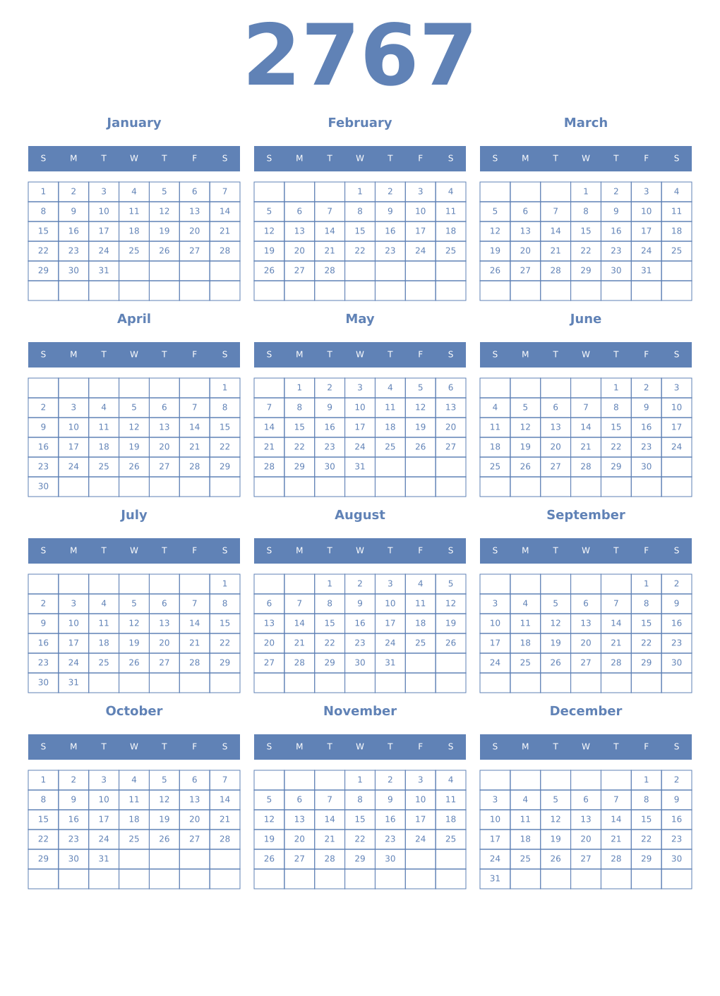 Printable 2767 Year Calendars glaucous