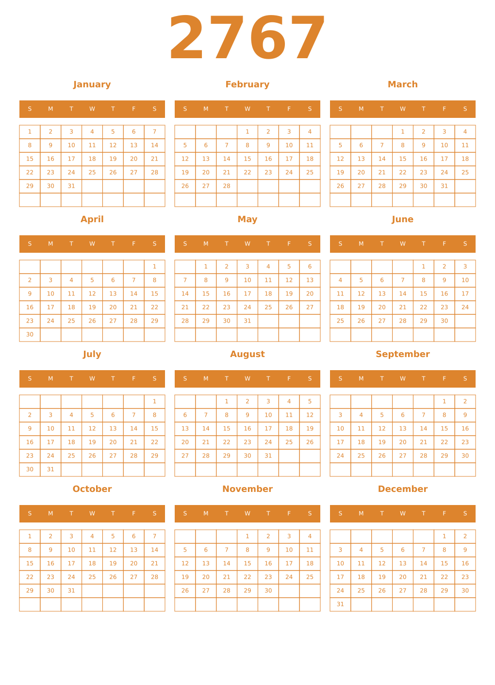 Printable 2767 Year Calendars orange