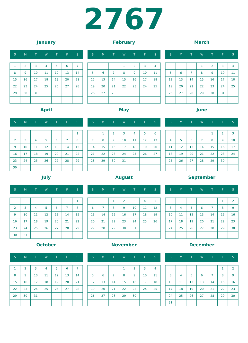 Printable 2767 Year Calendars pastel