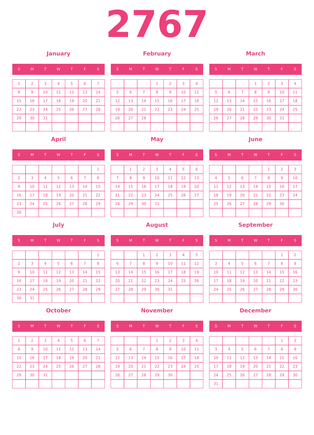 Printable 2767 Year Calendars pink