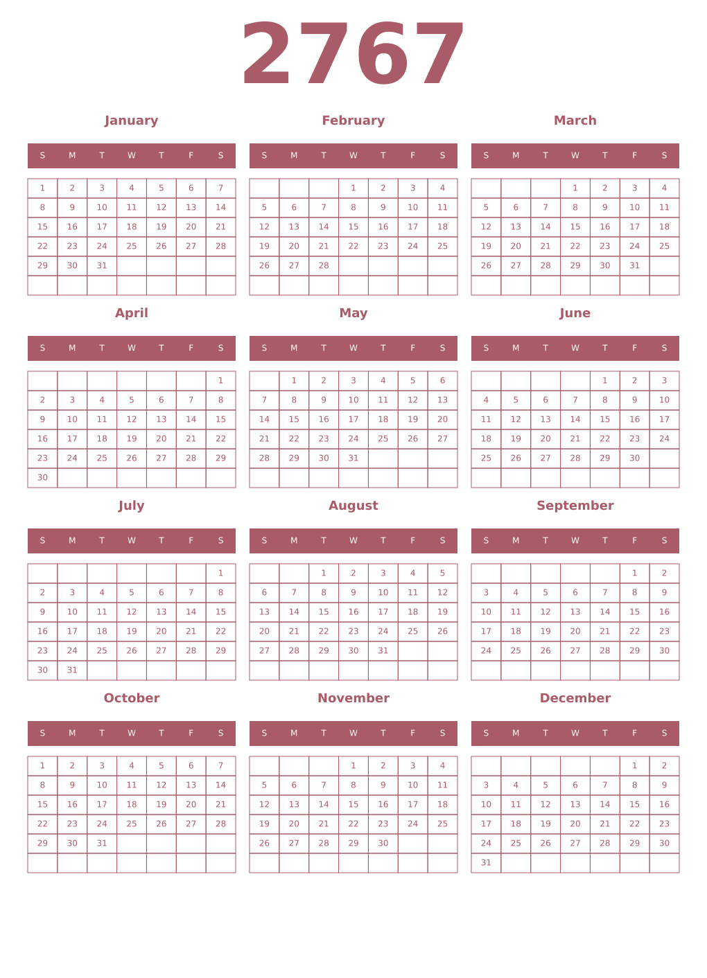 Printable 2767 Year Calendars puce