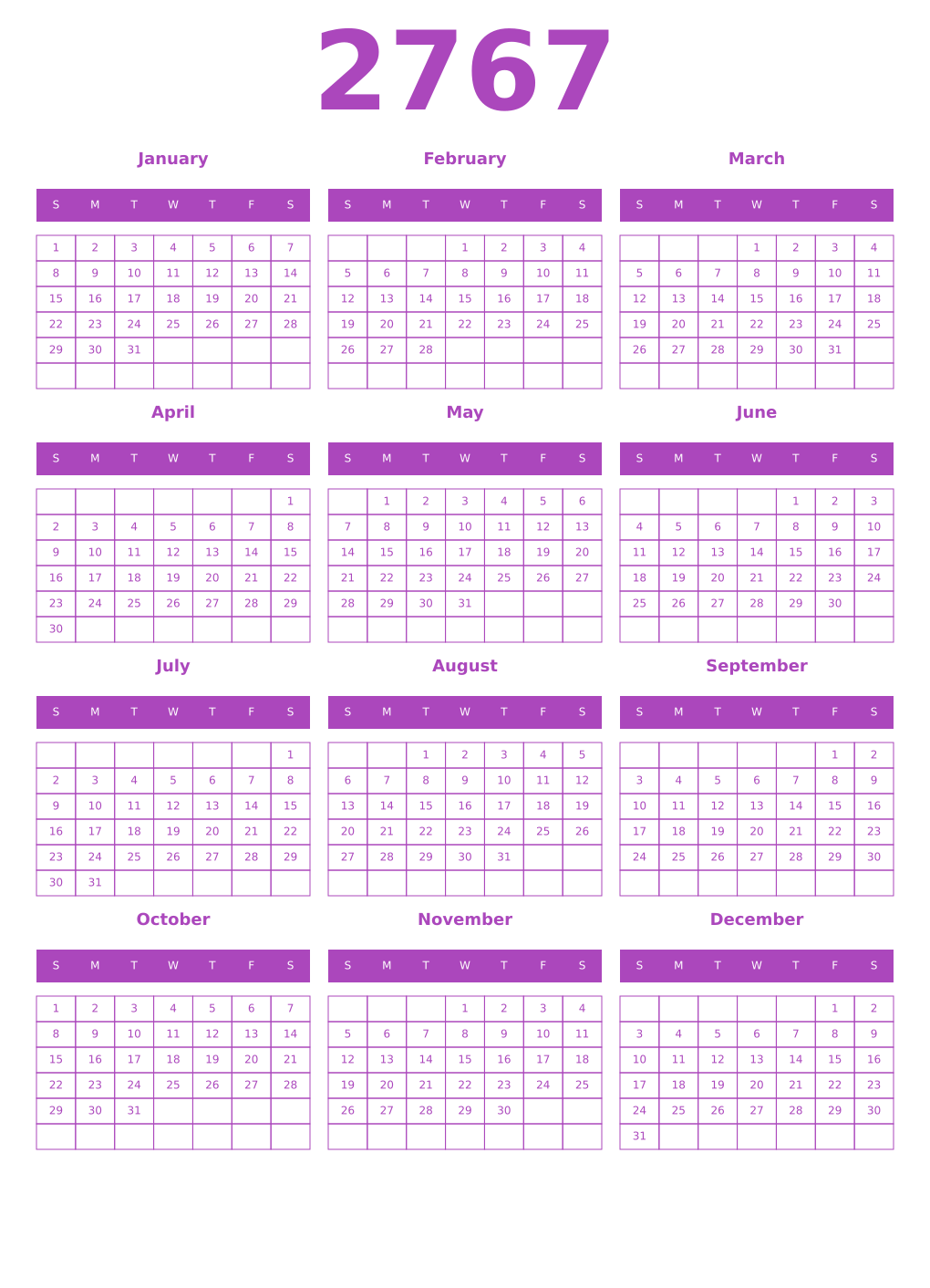 Printable 2767 Year Calendars purple