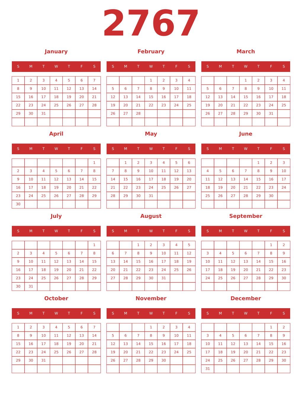 Printable 2767 Year Calendars red