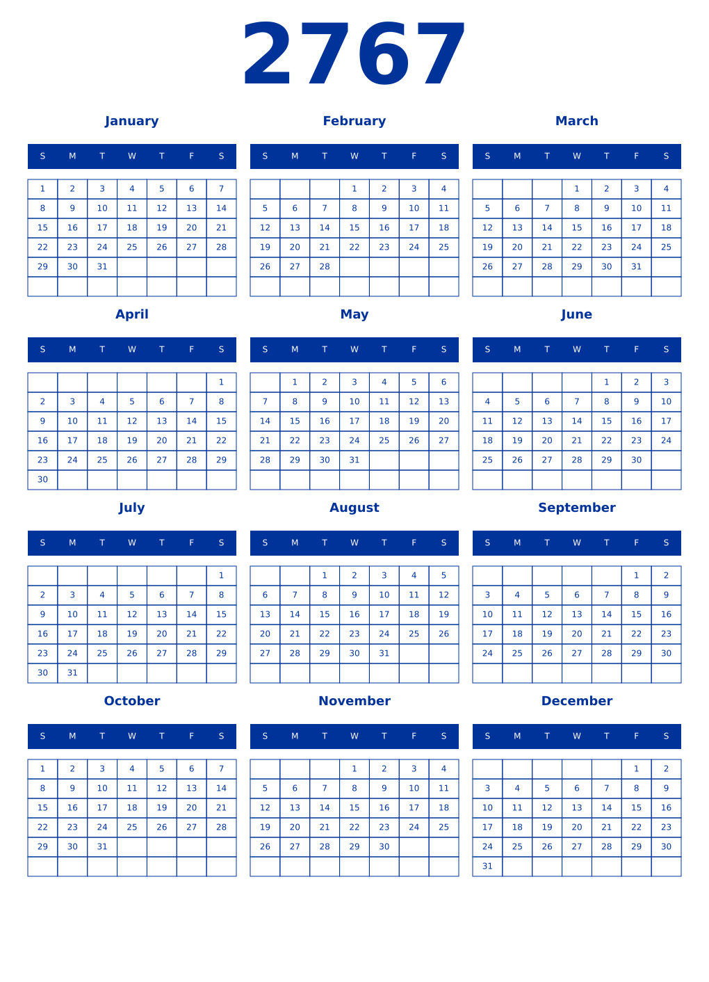 Printable 2767 Year Calendars smalt