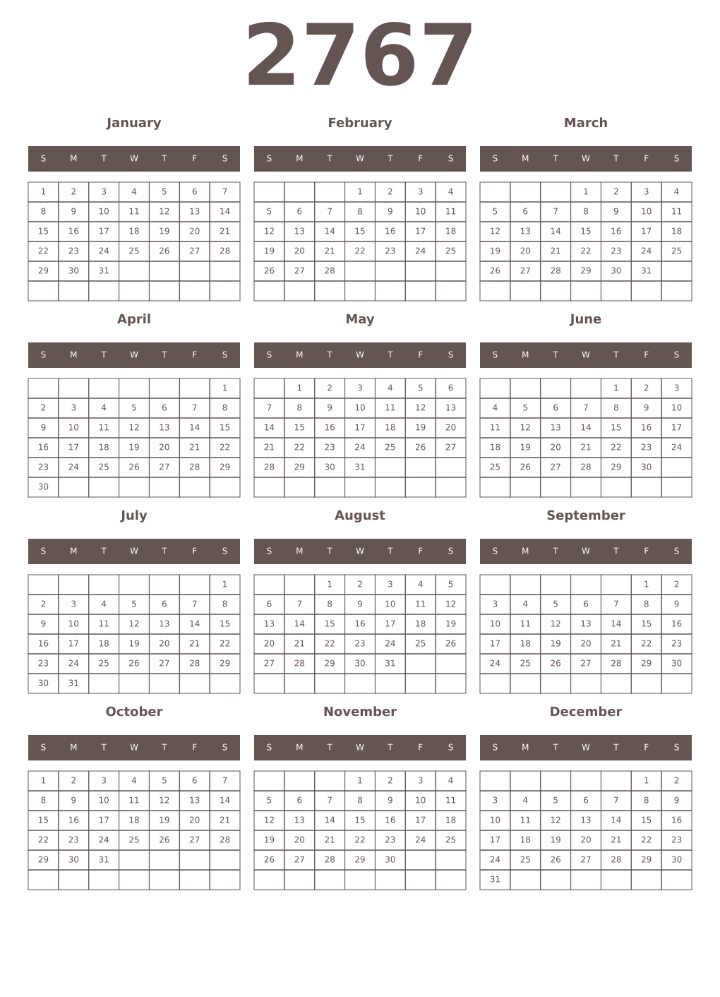 Printable 2767 Year Calendars wenge