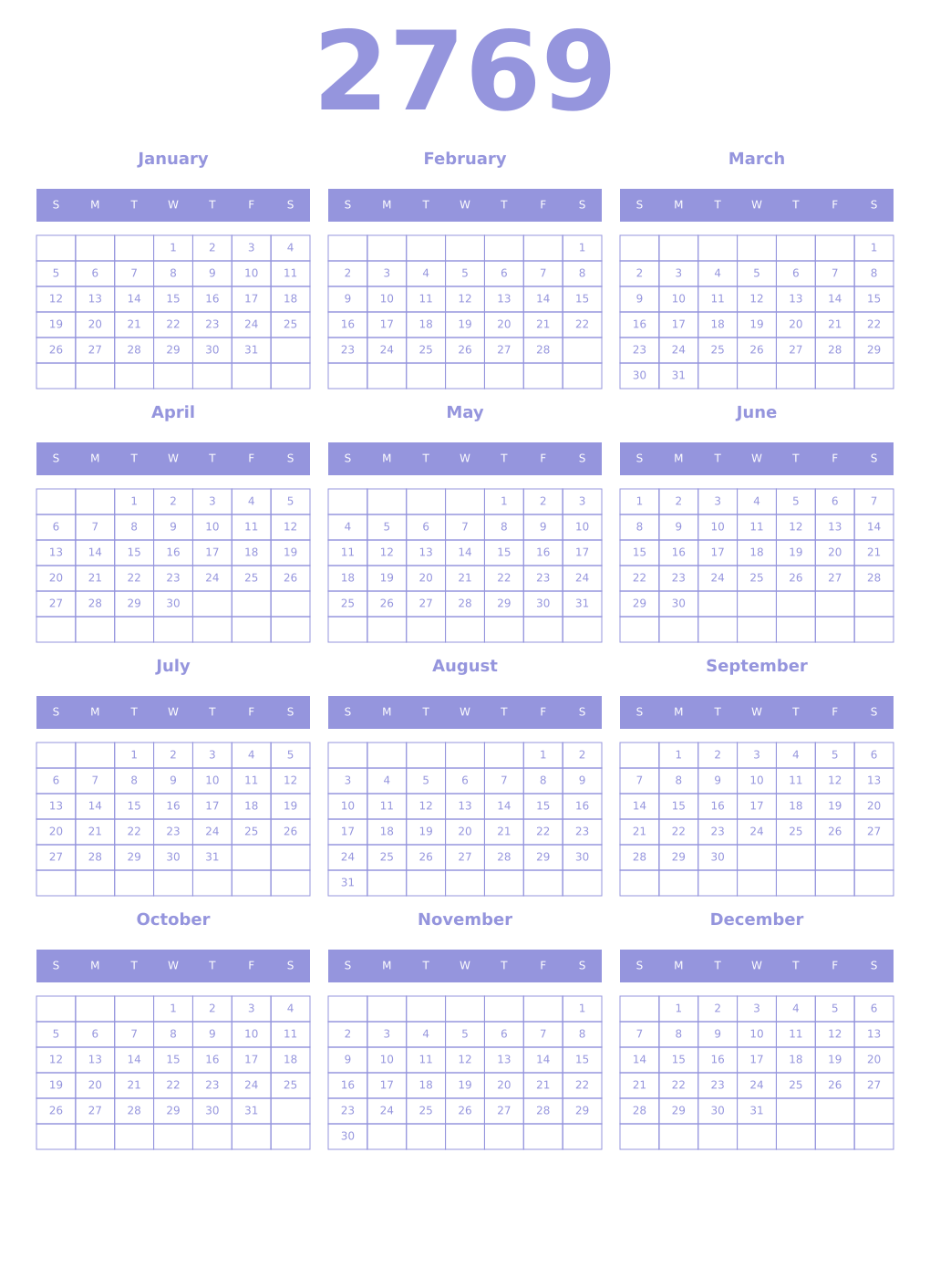 Printable 2769 Year Calendars periwinkle
