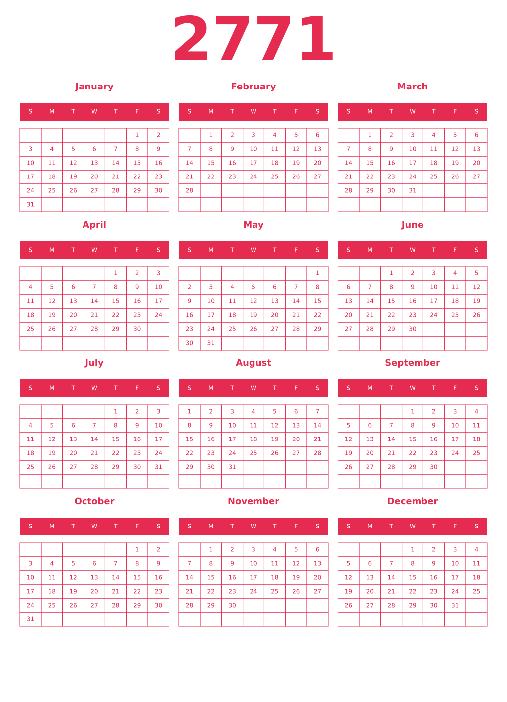 Printable 2771 Year Calendars amaranth