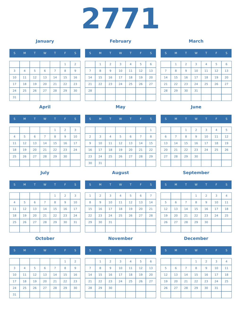 Printable 2771 Year Calendars blue