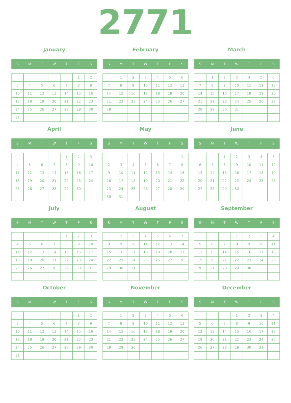 Printable 2771 Year Calendars celadon