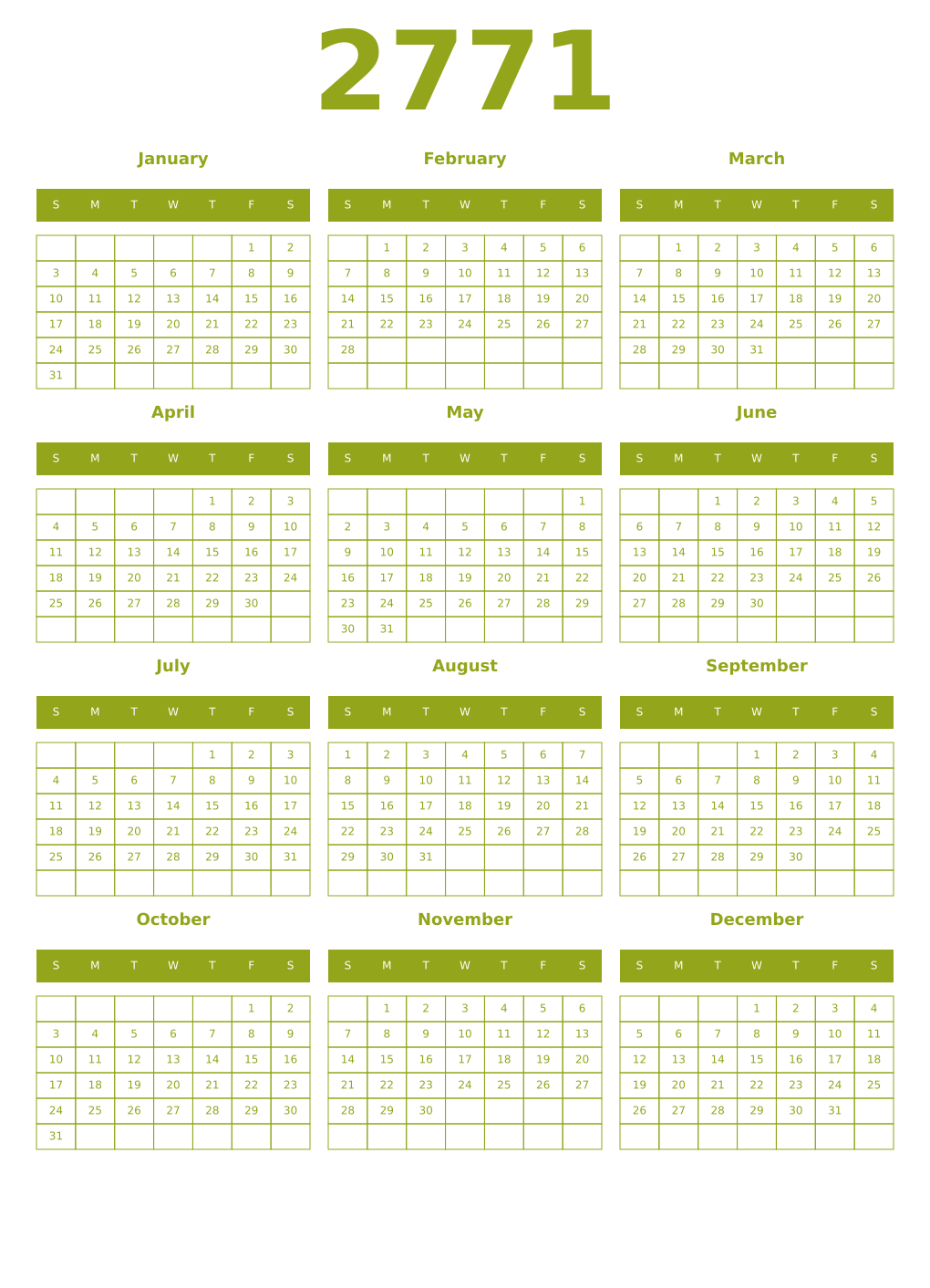 Printable 2771 Year Calendars chartreuse