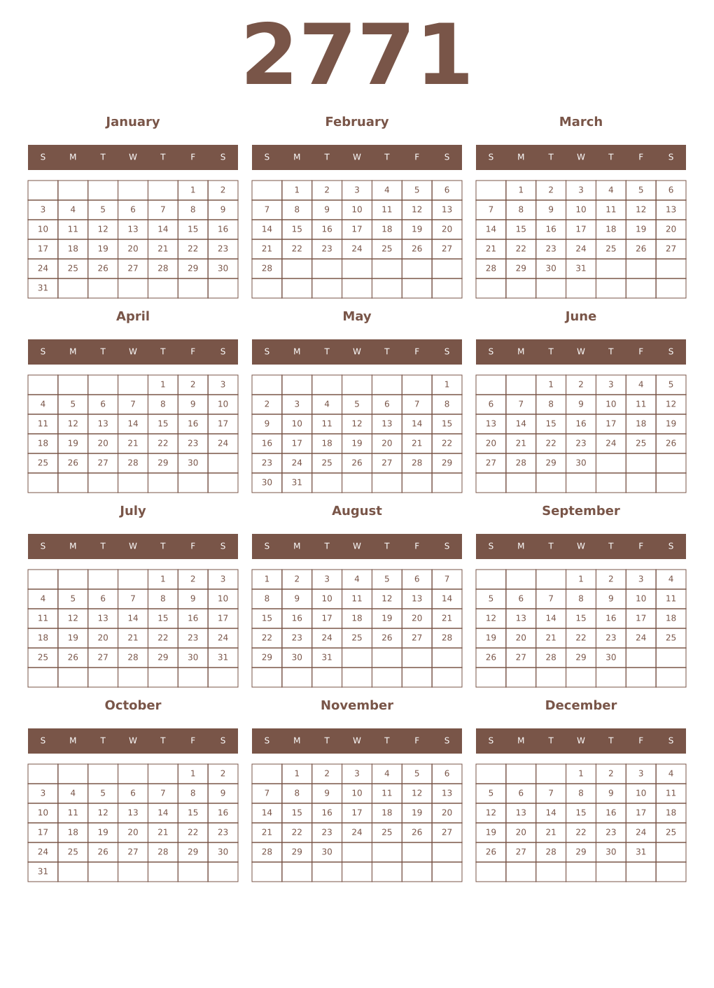 Printable 2771 Year Calendars coffe