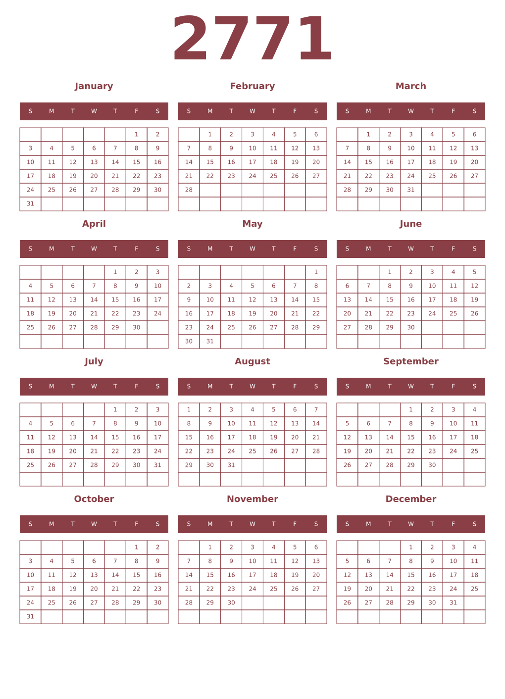 Printable 2771 Year Calendars cordovan