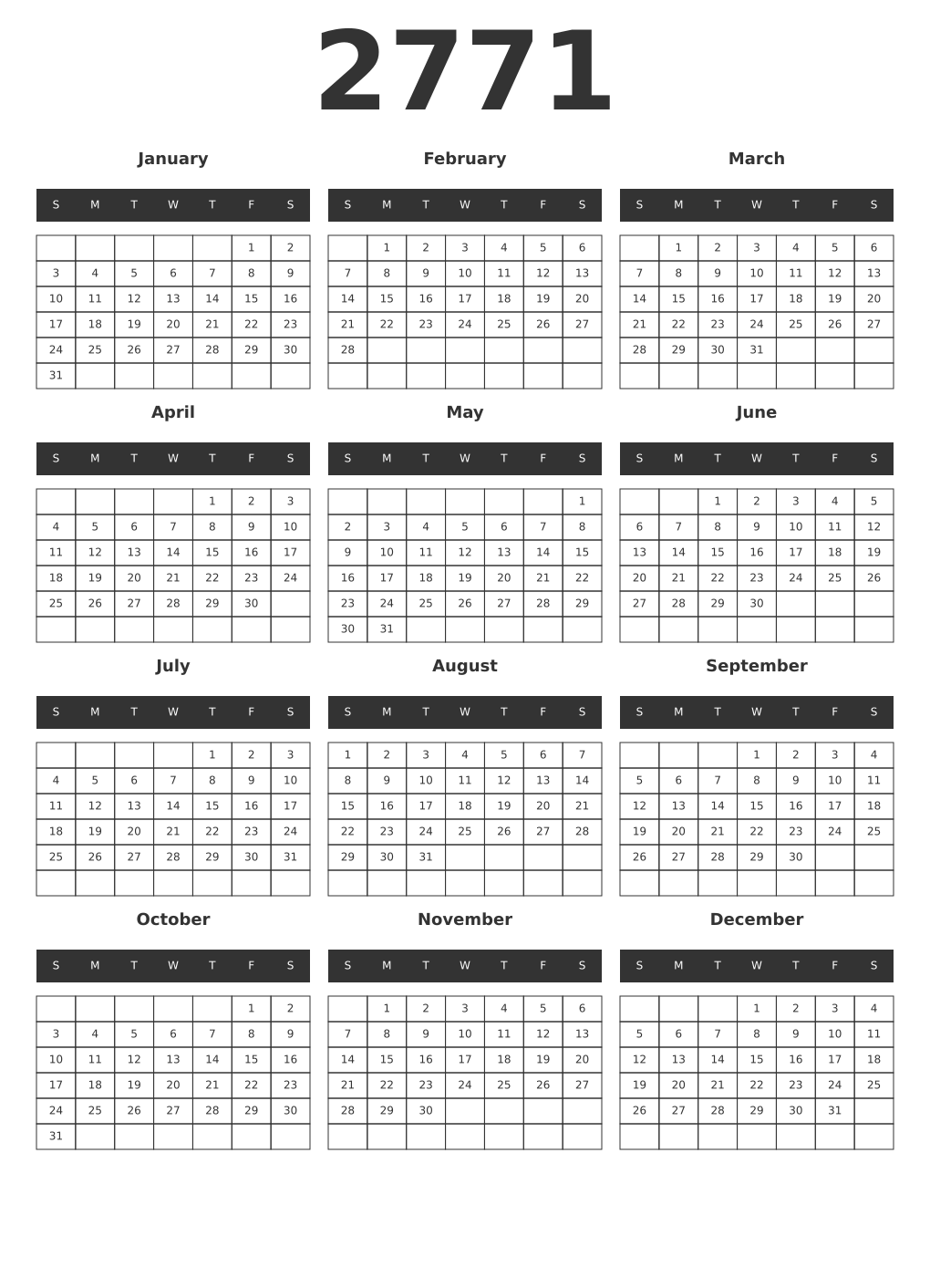 Printable 2771 Year Calendars dark