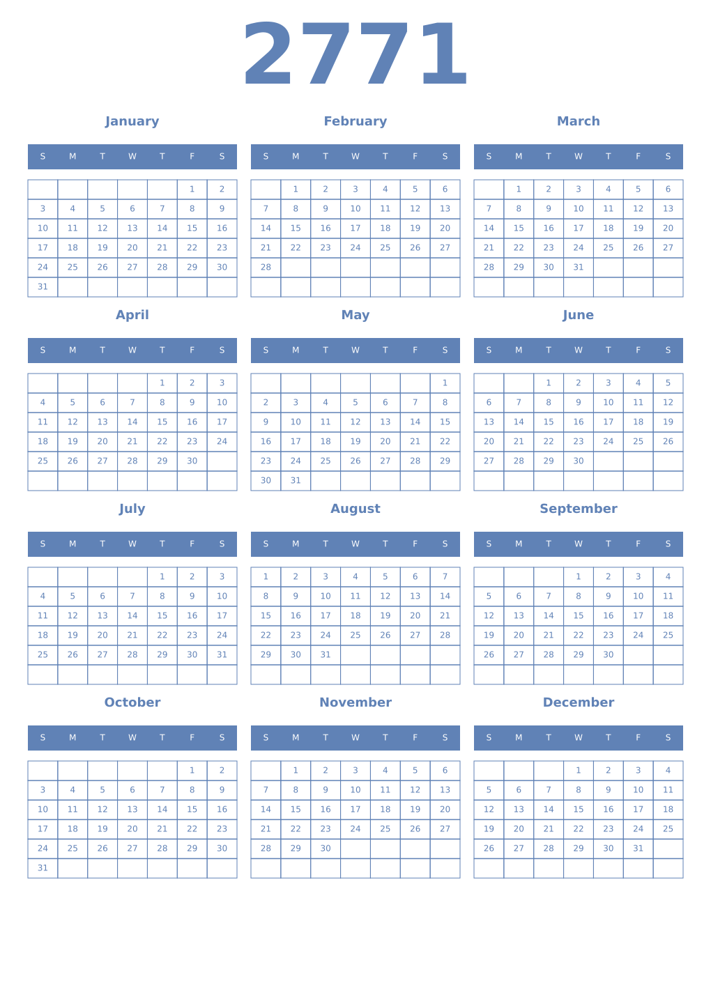 Printable 2771 Year Calendars glaucous