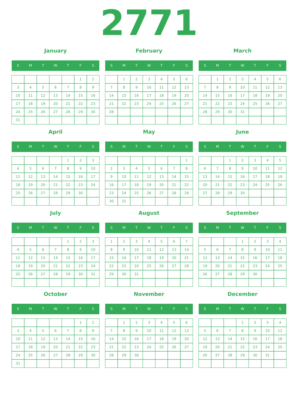 Printable 2771 Year Calendars green