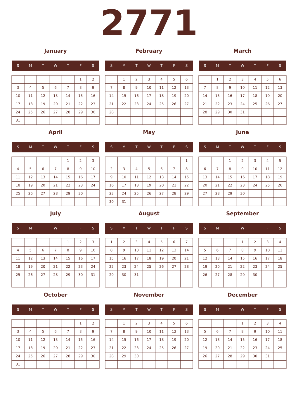 Printable 2771 Year Calendars mortuum