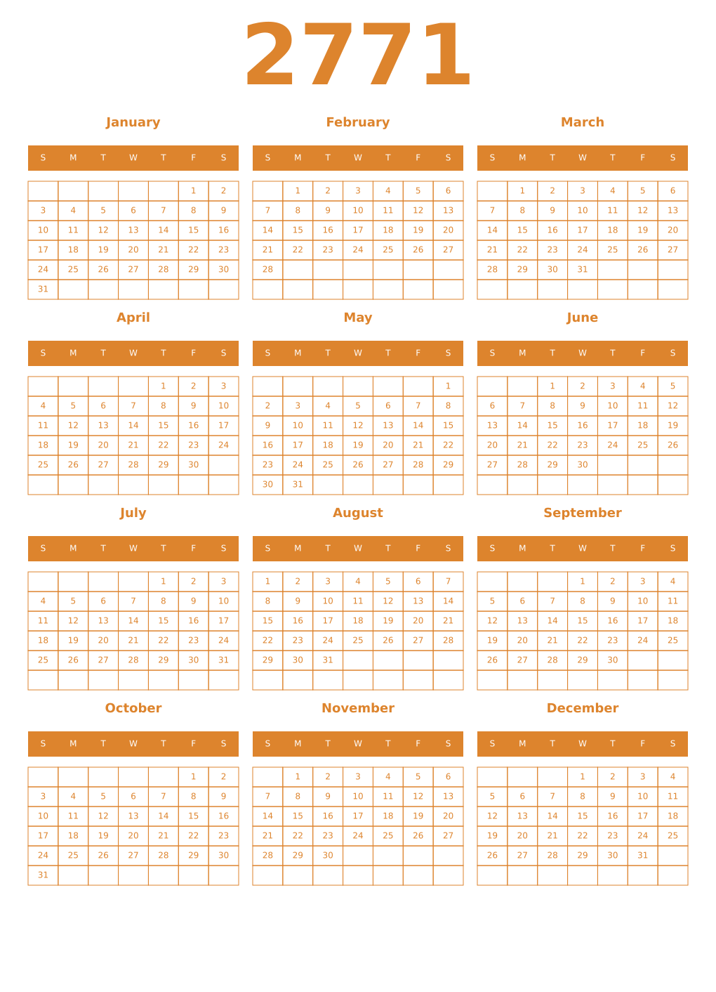 Printable 2771 Year Calendars orange