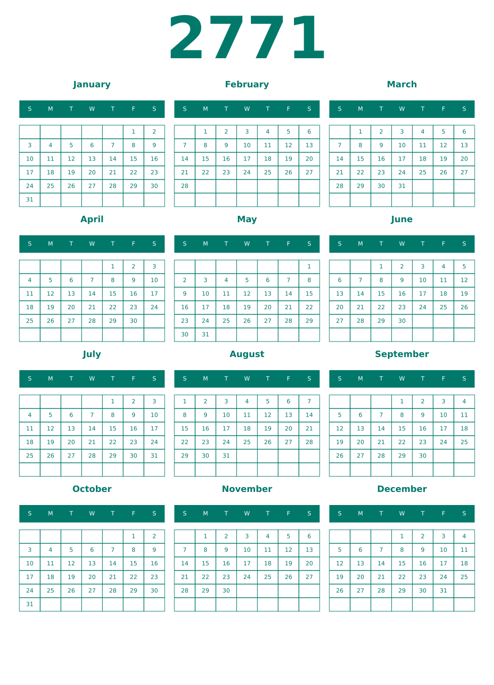 Printable 2771 Year Calendars pastel