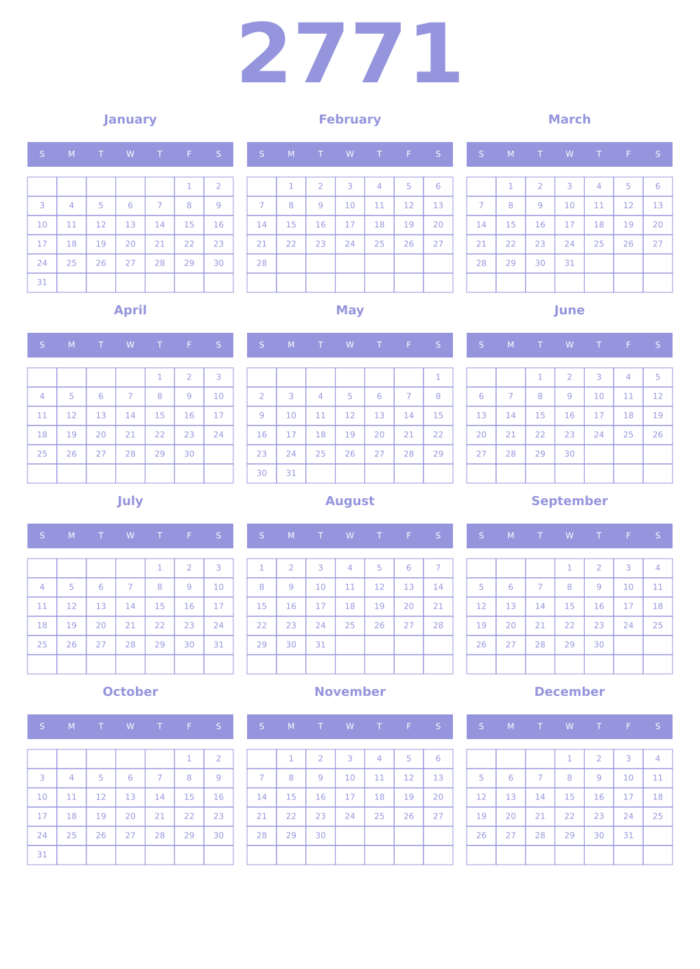 Printable 2771 Year Calendars periwinkle