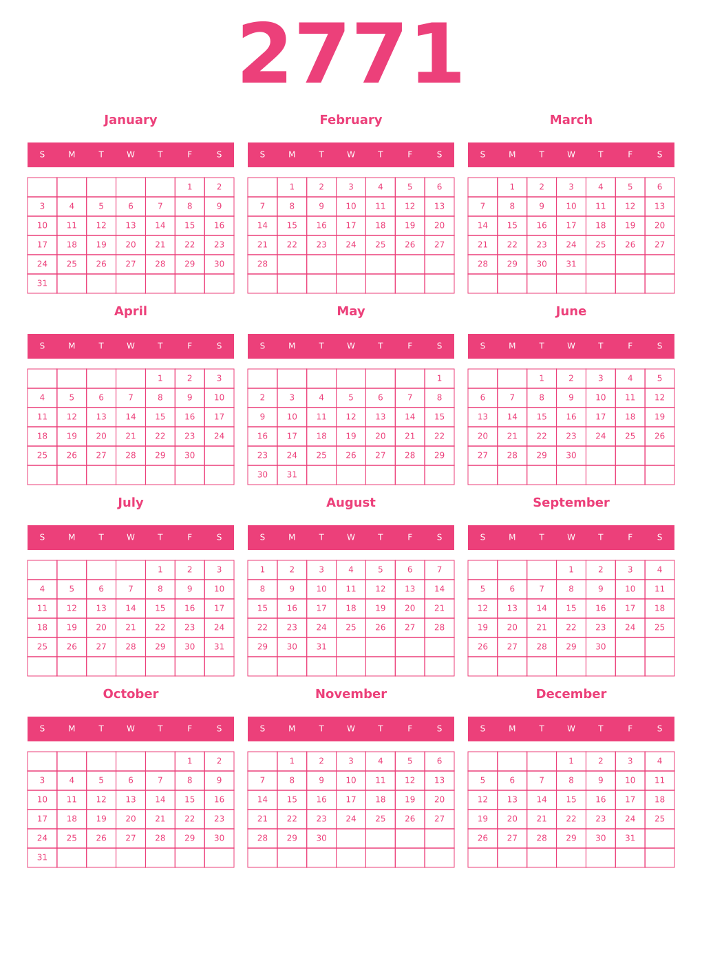 Printable 2771 Year Calendars pink