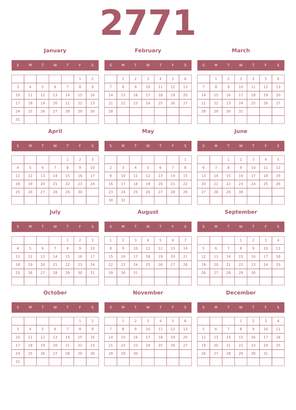 Printable 2771 Year Calendars puce