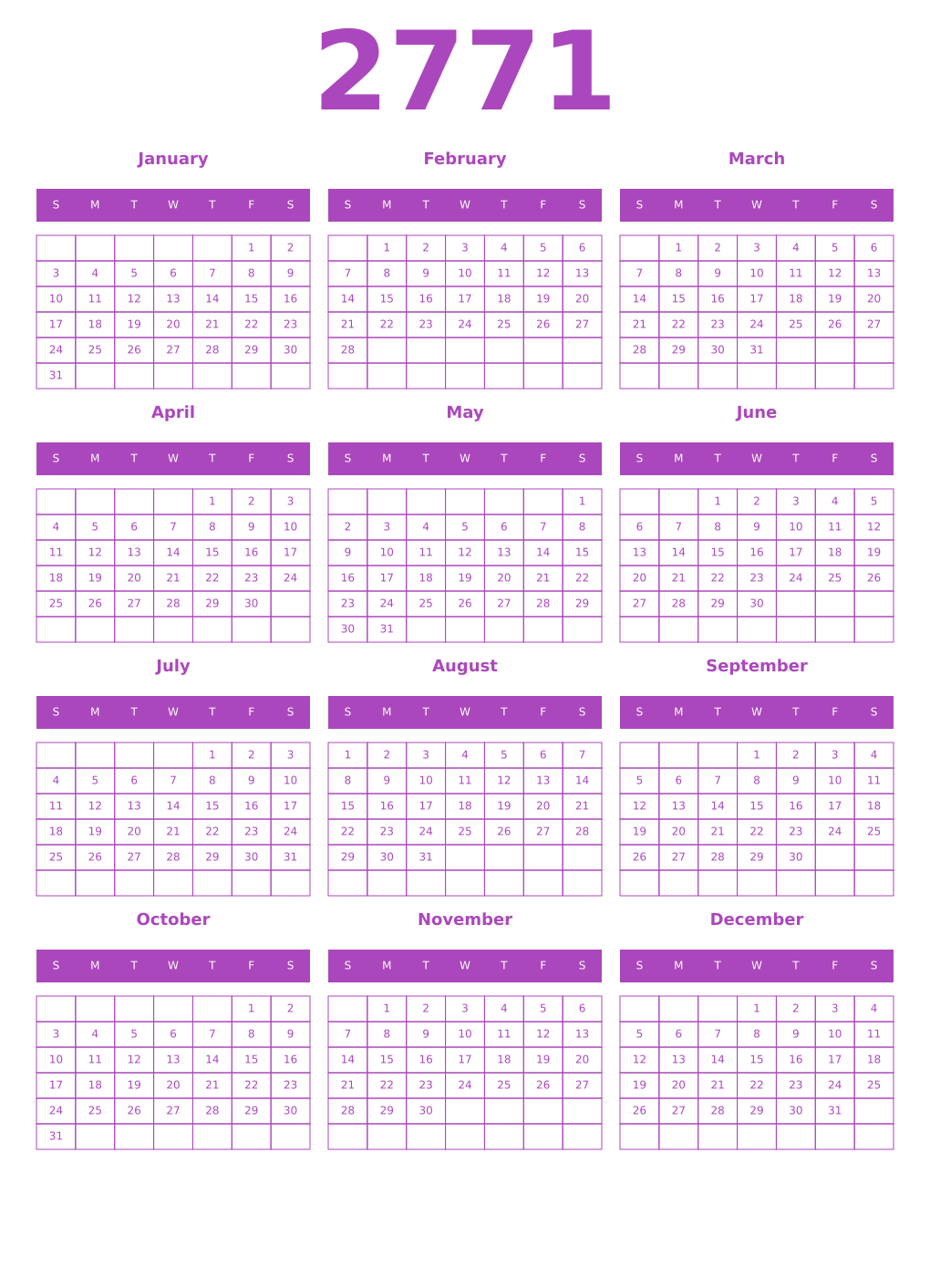 Printable 2771 Year Calendars purple