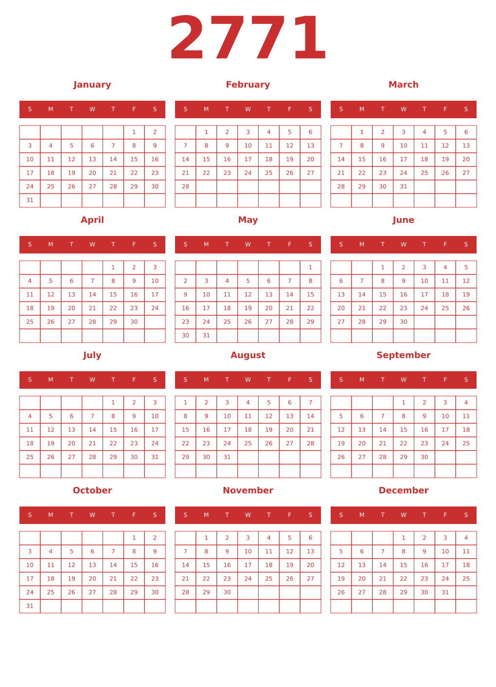 Printable 2771 Year Calendars red