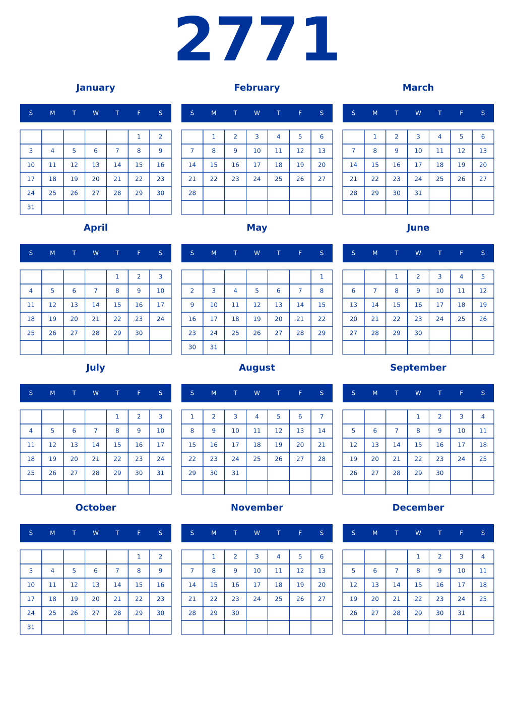 Printable 2771 Year Calendars smalt