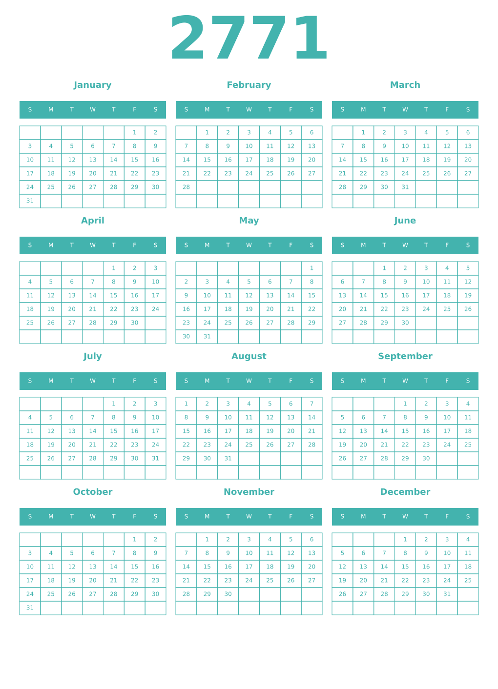 Printable 2771 Year Calendars verdigris