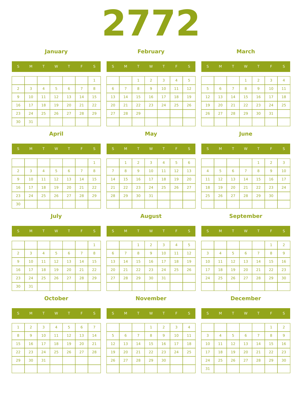 Printable 2772 Year Calendars chartreuse