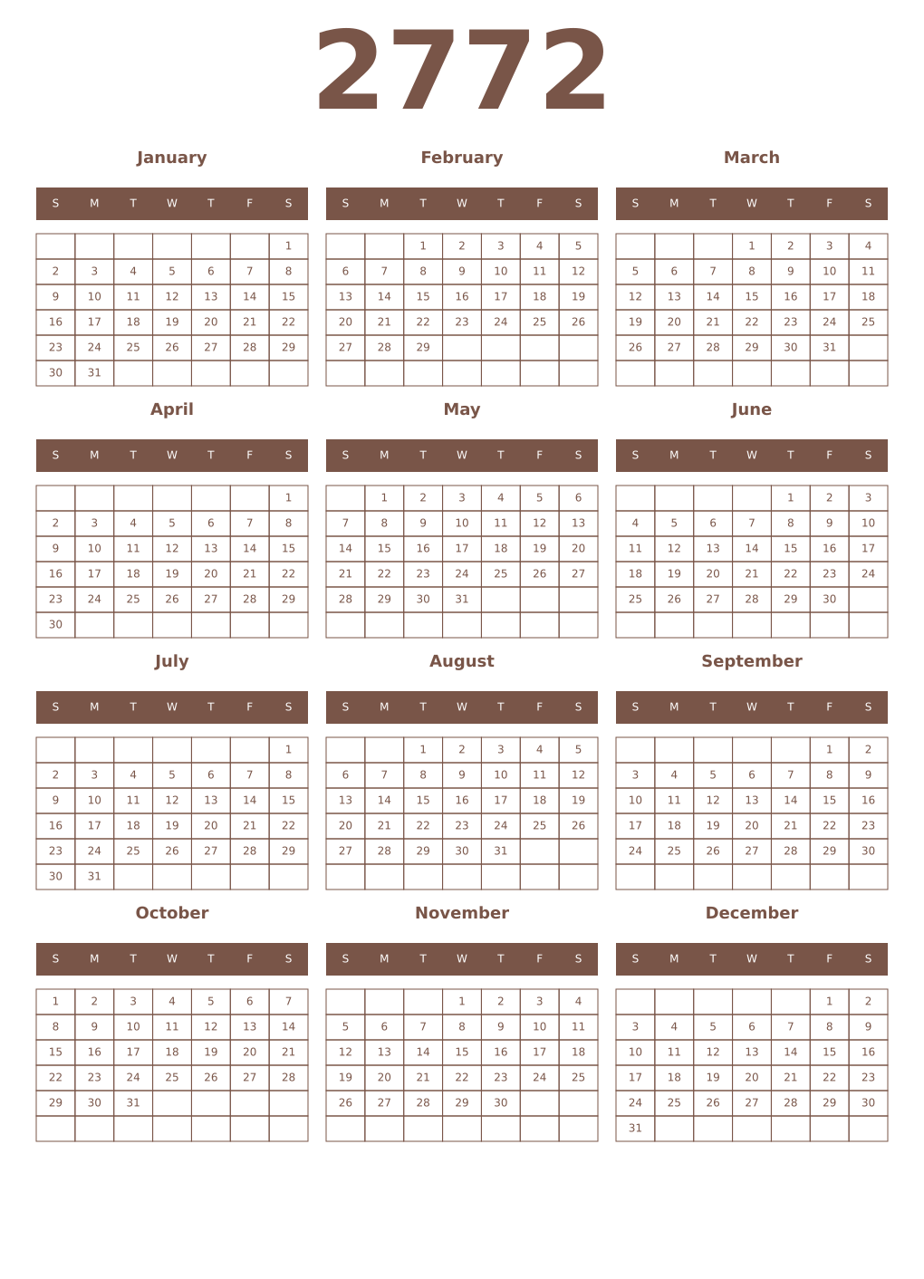 Printable 2772 Year Calendars coffe