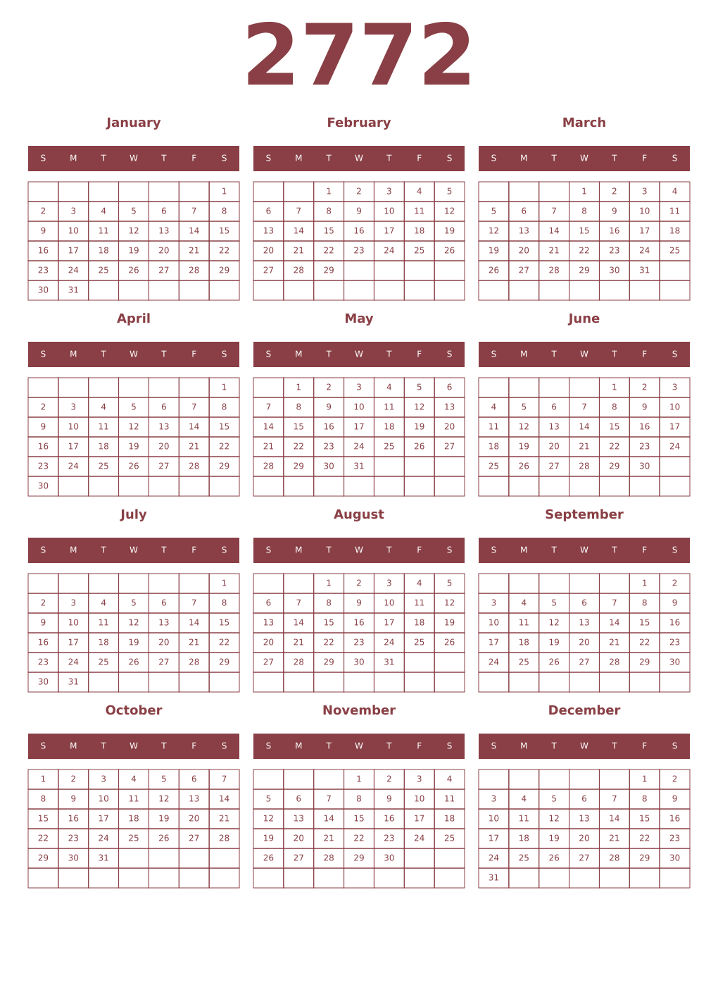 Printable 2772 Year Calendars cordovan