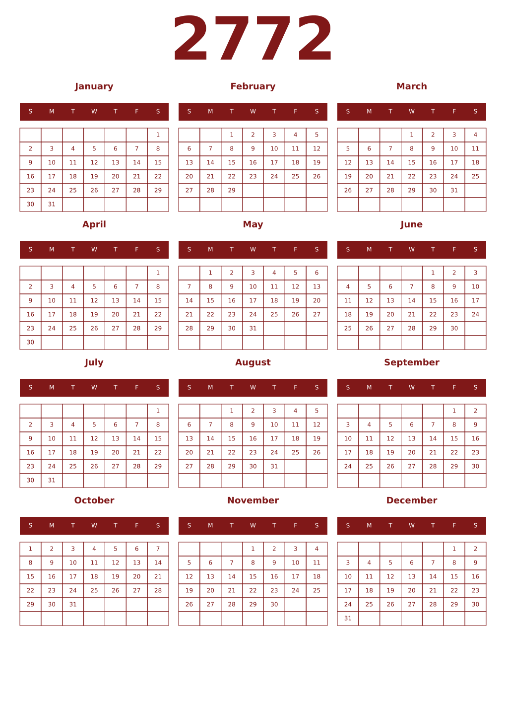 Printable 2772 Year Calendars falu