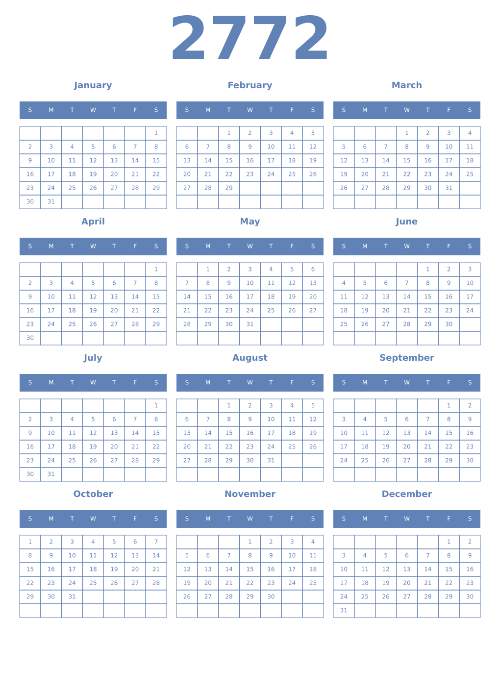 Printable 2772 Year Calendars glaucous
