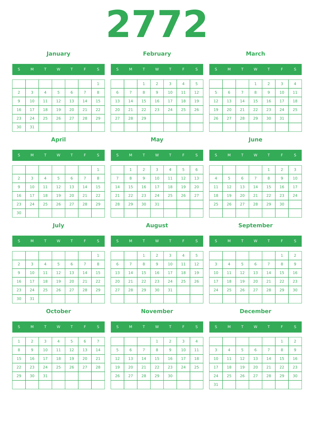 Printable 2772 Year Calendars green