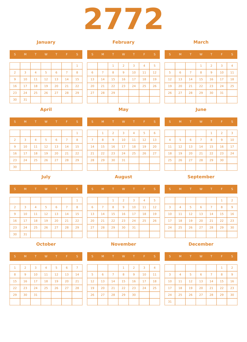 Printable 2772 Year Calendars orange