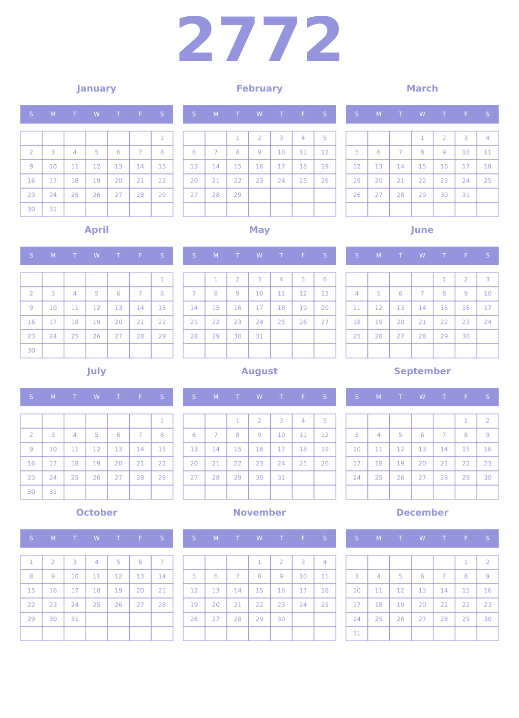 Printable 2772 Year Calendars periwinkle