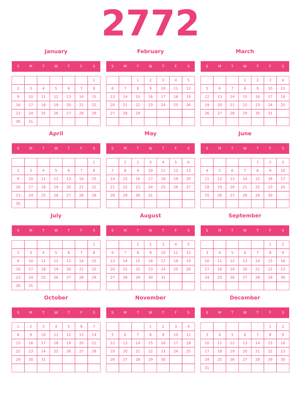 Printable 2772 Year Calendars pink
