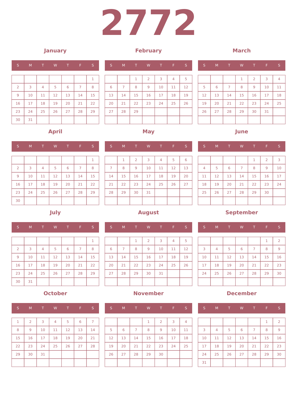 Printable 2772 Year Calendars puce