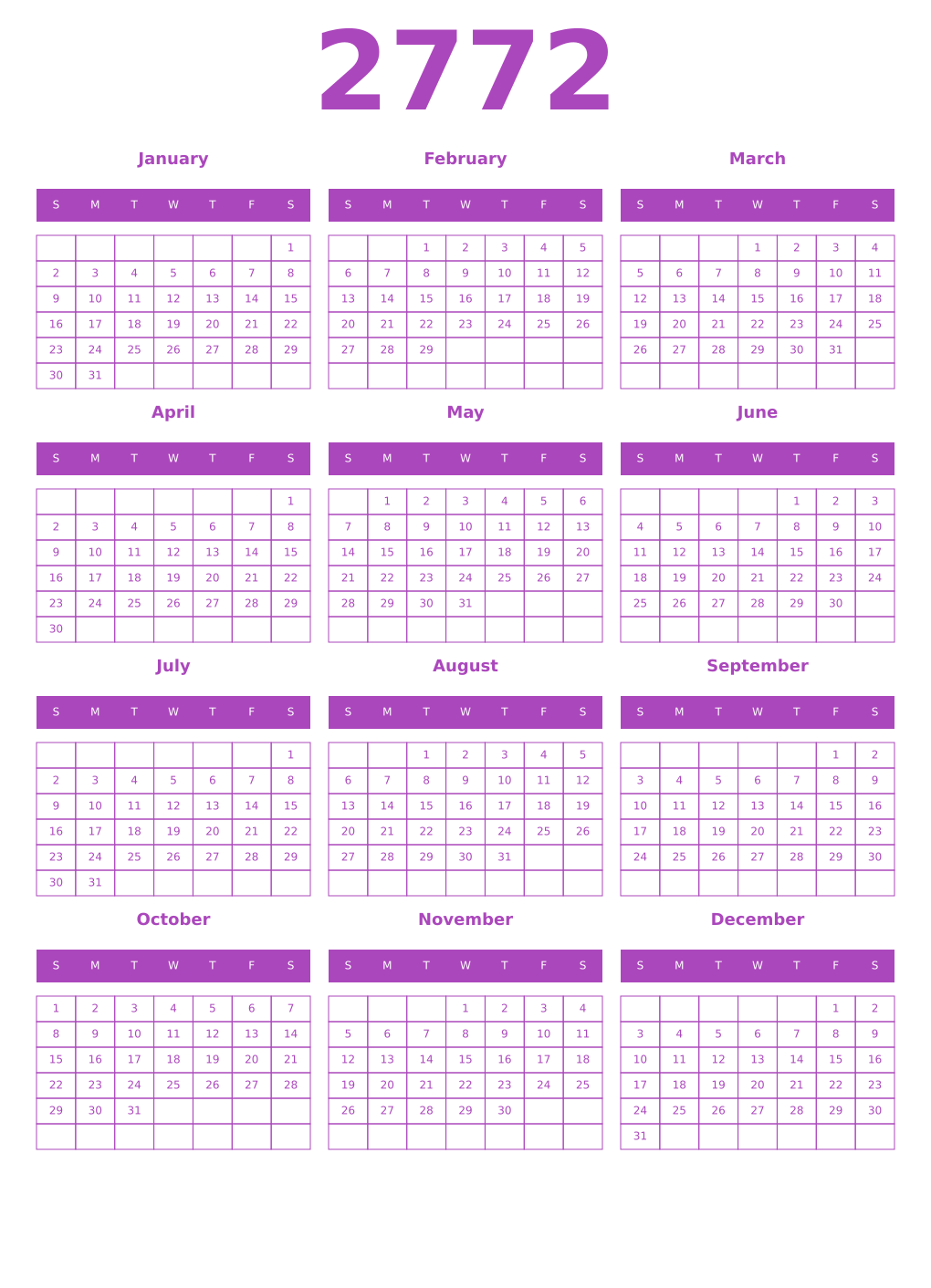 Printable 2772 Year Calendars purple