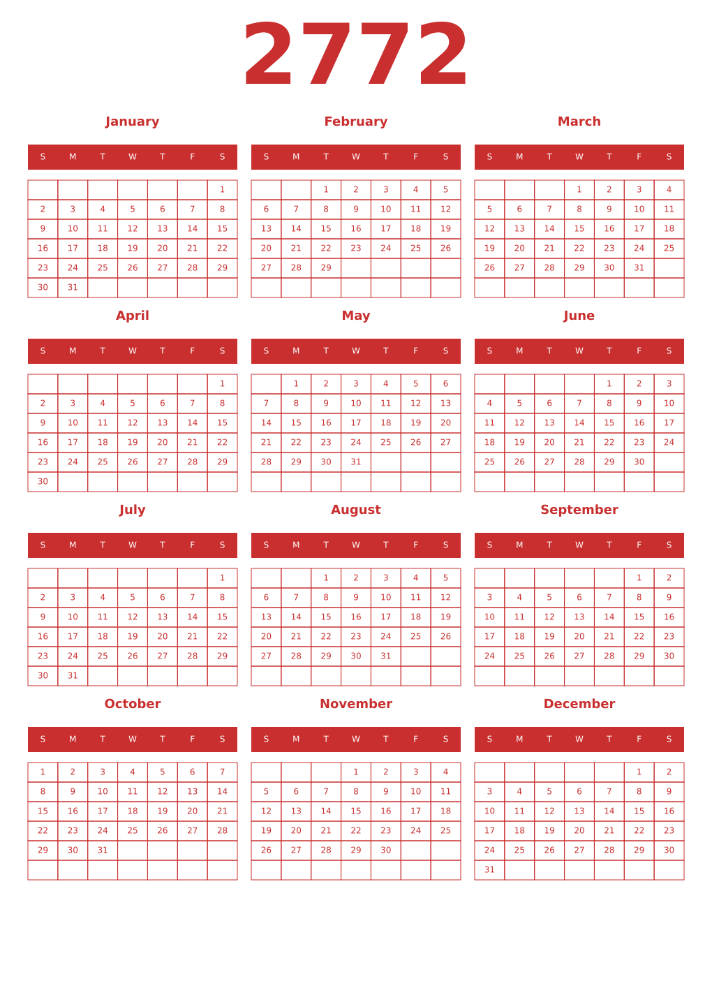 Printable 2772 Year Calendars red