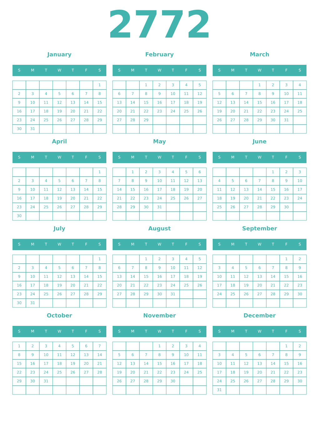 Printable 2772 Year Calendars verdigris