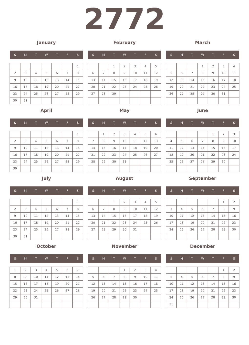 Printable 2772 Year Calendars wenge