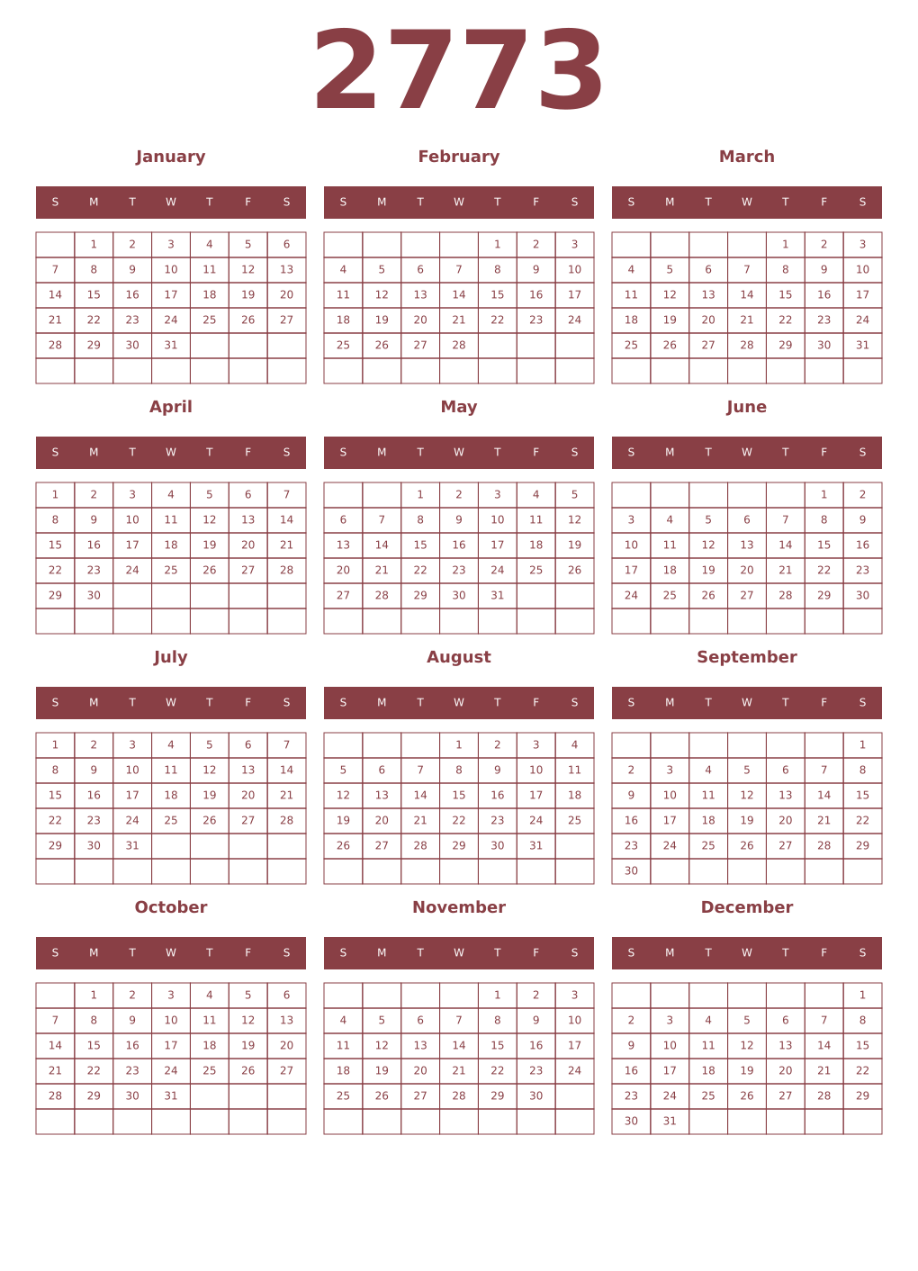 Printable 2773 Year Calendars cordovan