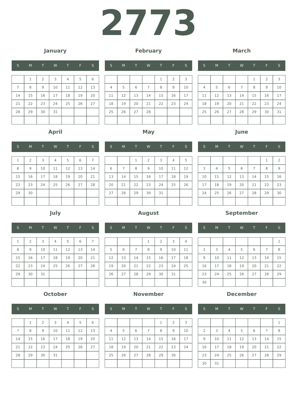 Printable 2773 Year Calendars feldgrau