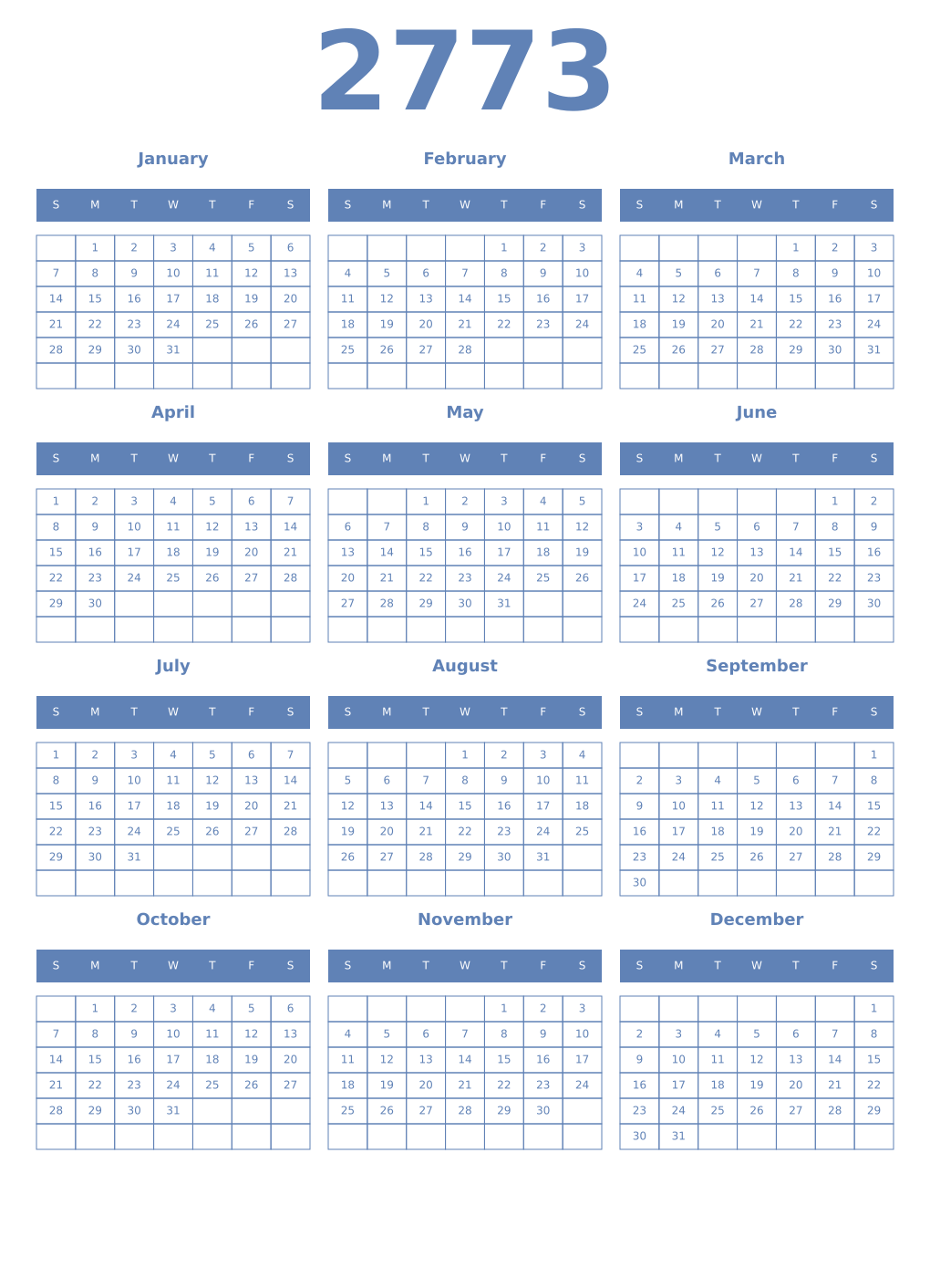 Printable 2773 Year Calendars glaucous