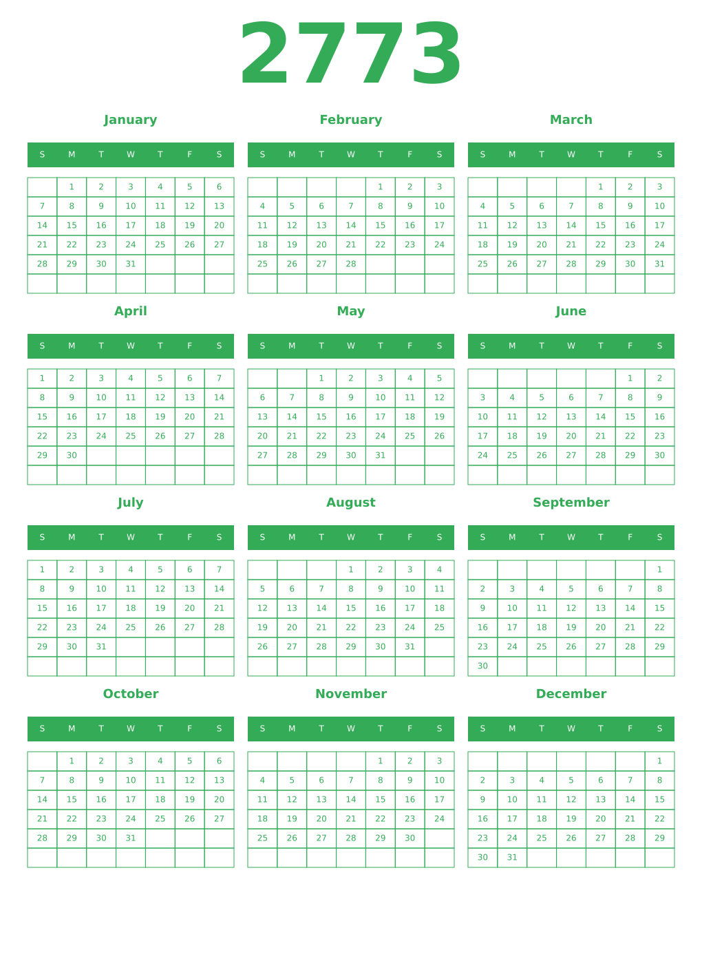 Printable 2773 Year Calendars green