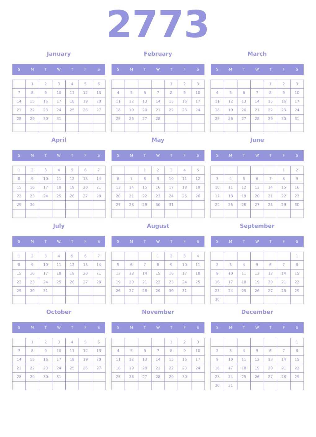 Printable 2773 Year Calendars periwinkle