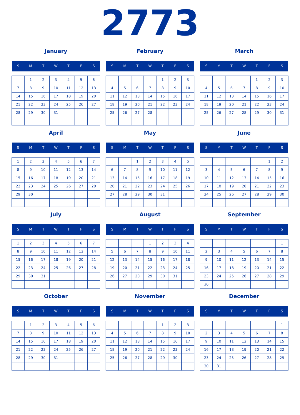 Printable 2773 Year Calendars smalt