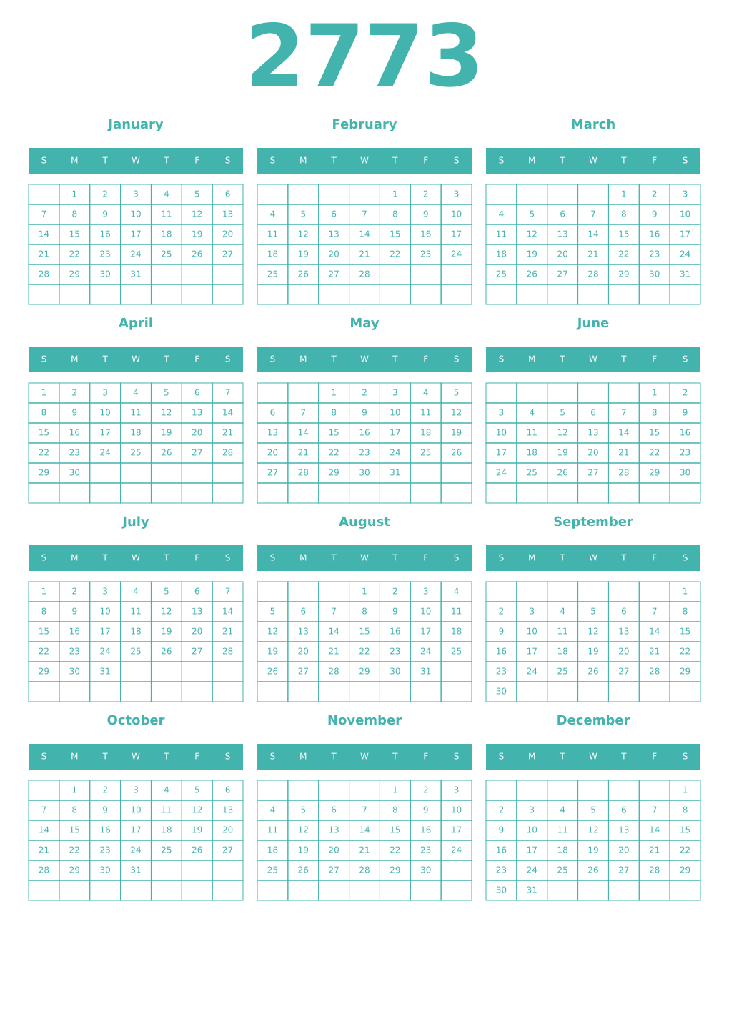 Printable 2773 Year Calendars verdigris